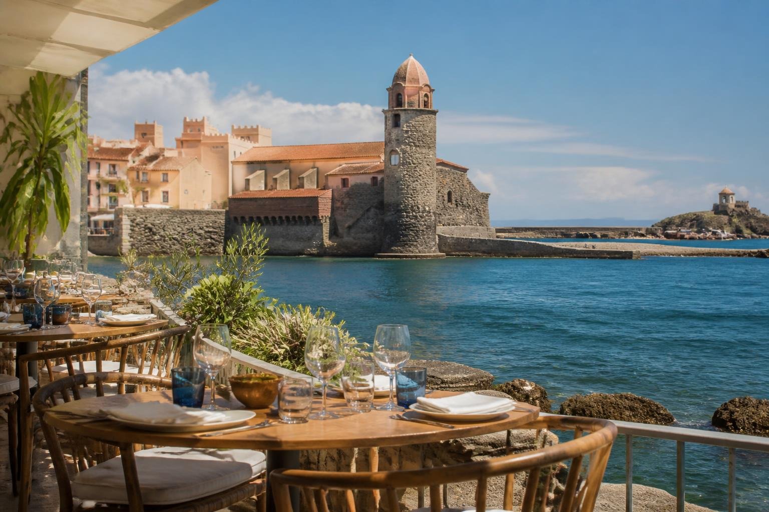 Terrasse du restaurant Grand Bleu à Collioure avec vue sur la mer et le clocher