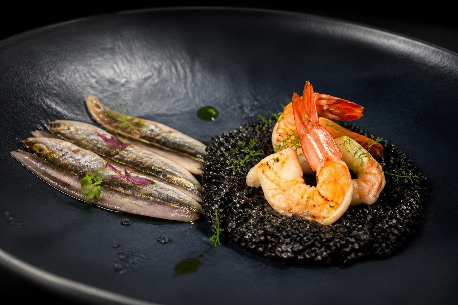 Les deux signatures du Grand Bleu : anchois de Collioure et riz noir aux gambas, présentés en assiette