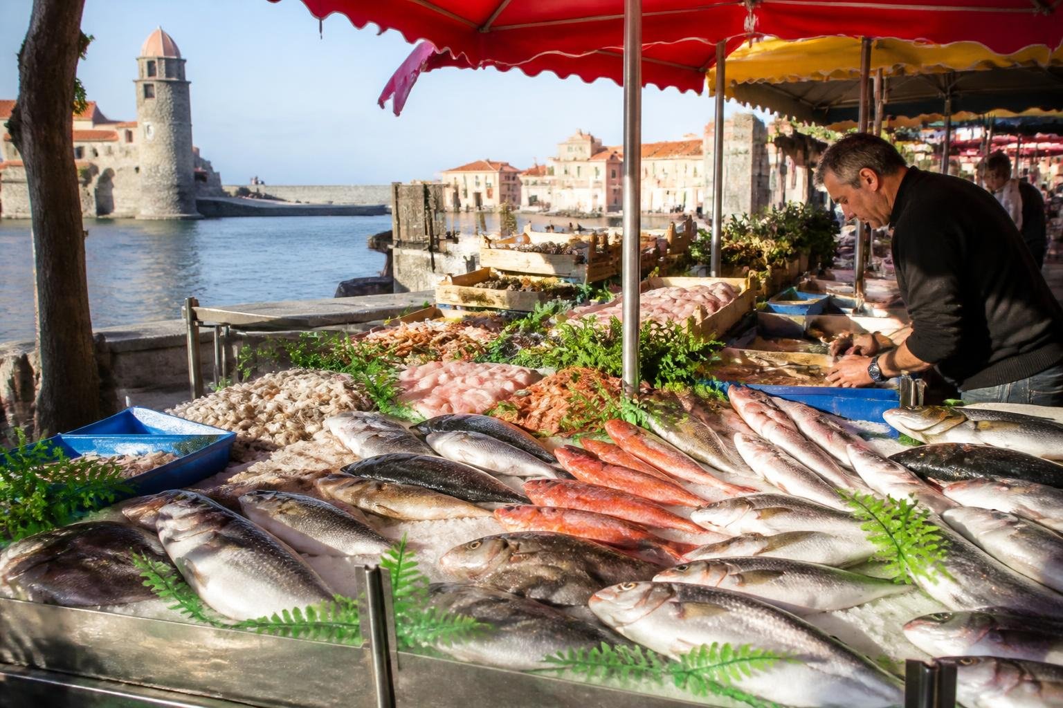 Étals de poisson frais et produits locaux au marché de Collioure