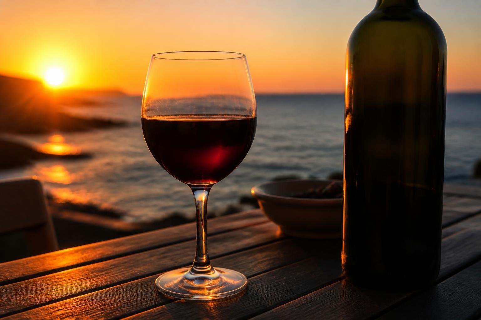 Verre de vin du Roussillon à la lumière du couchant sur une table du Grand Bleu