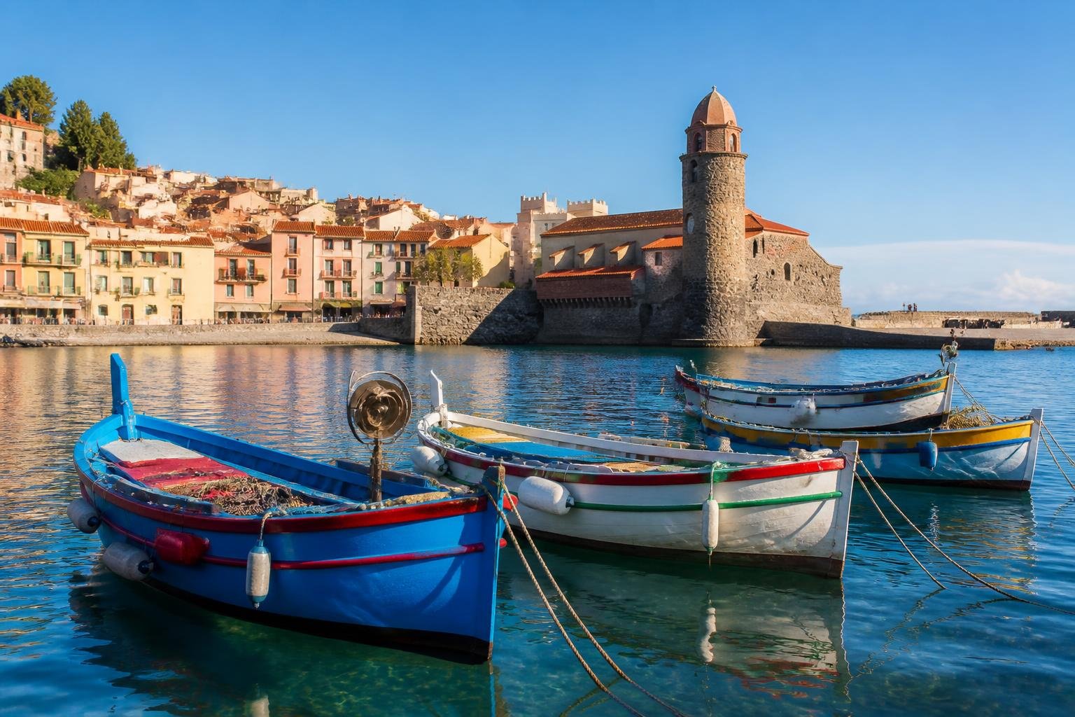Vue du port de Collioure avec ses bateaux de pêche colorés et le clocher en arrière-plan
