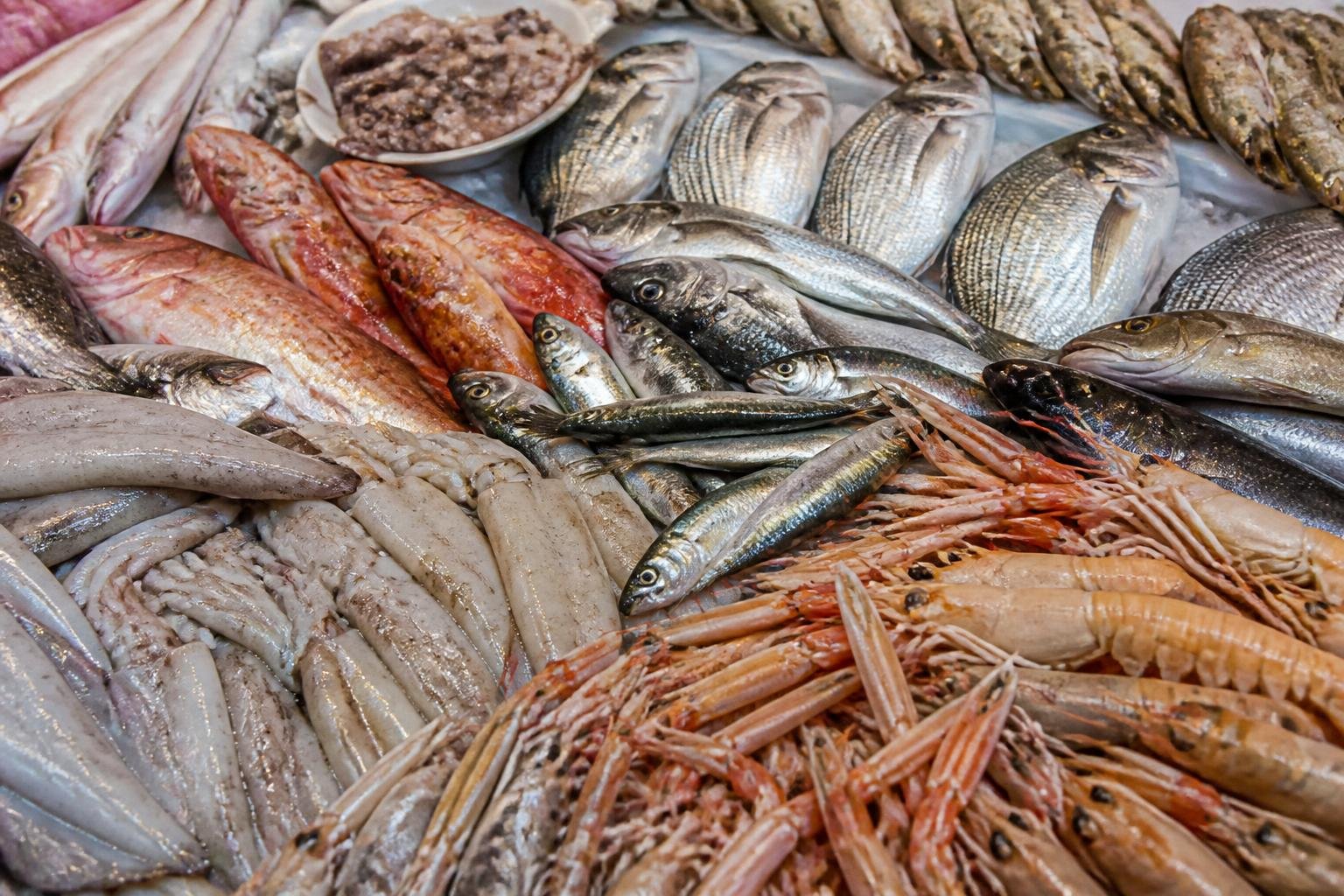 Poissons et crustacés méditerranéens frais étalés au marché