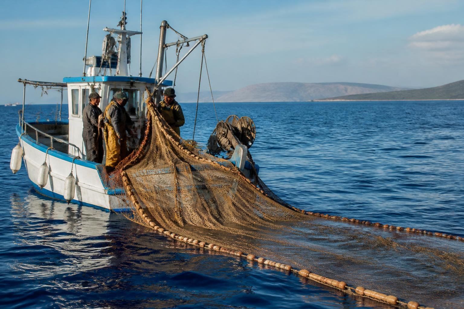 Bateau de pêche traditionnel avec ses filets en Méditerranée