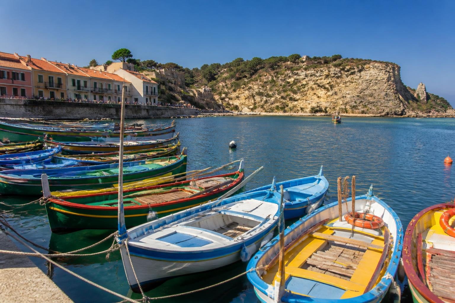 Port de Collioure avec ses barques colorées amarrées face à la Méditerranée et falaises calcaires en arrière-plan