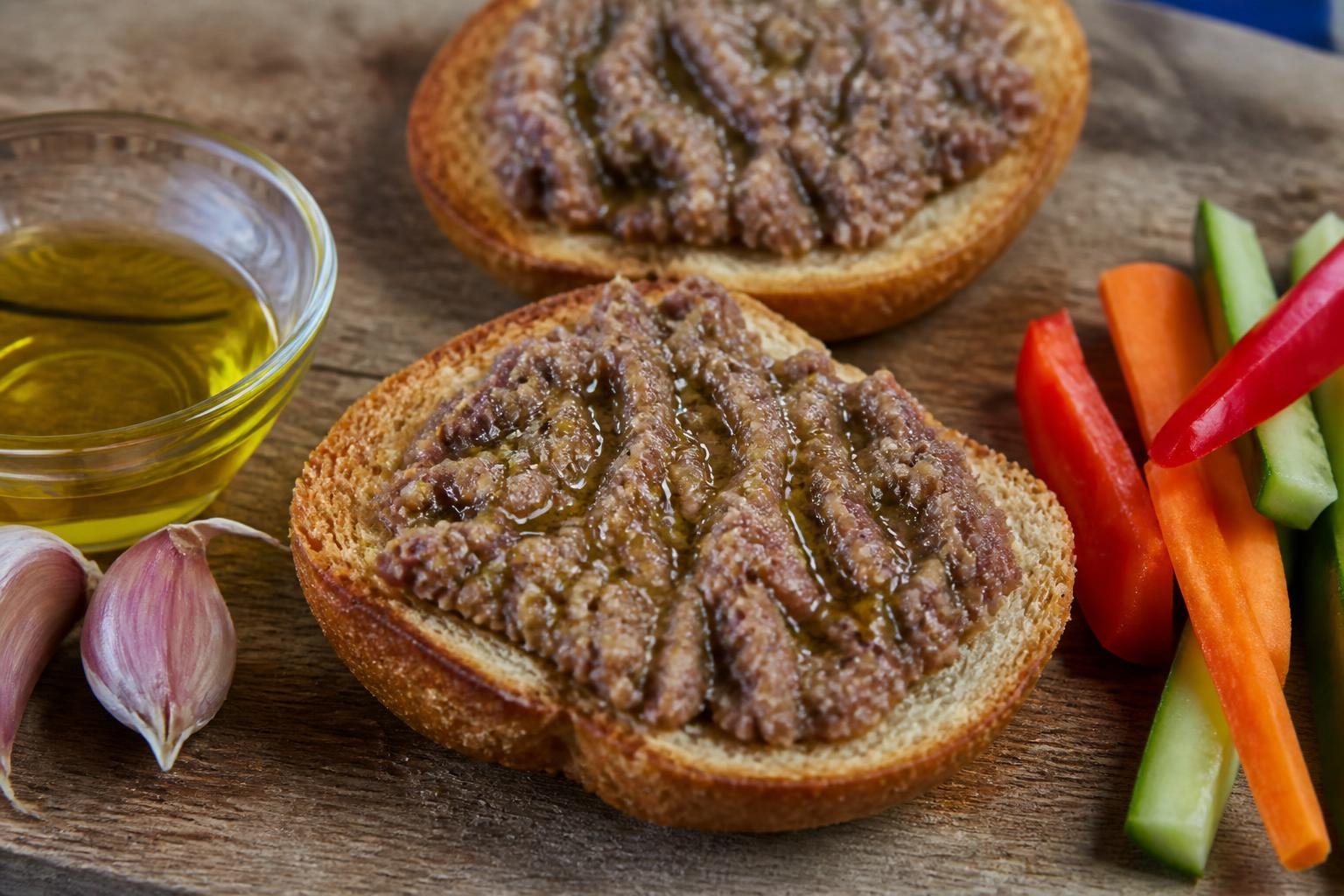Anchoïade tartinée sur pain grillé, accompagnée d'huile d'olive et légumes frais