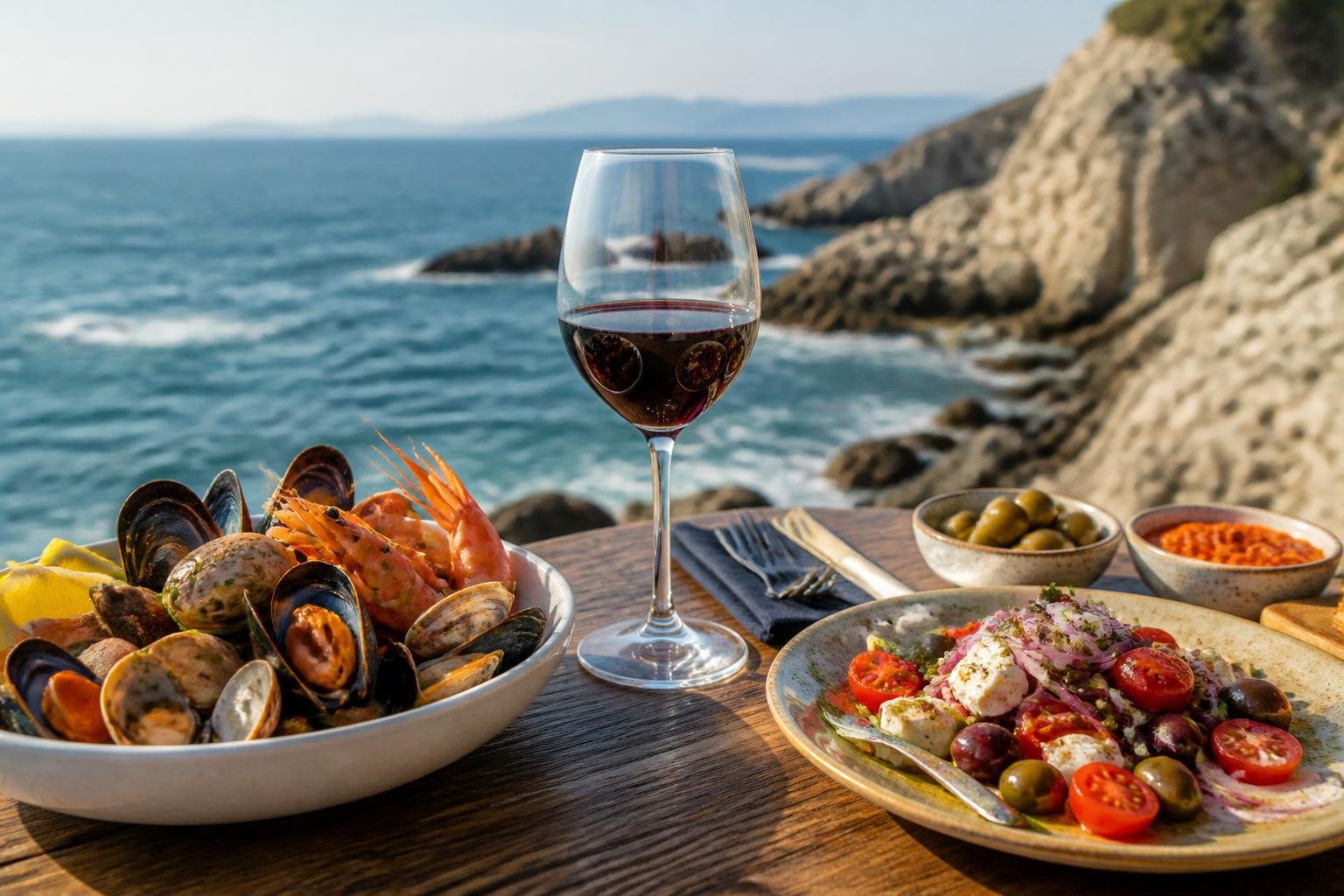Verre de vin rouge aux côtés de fruits de mer et d'une assiette méditerranéenne en bord de mer