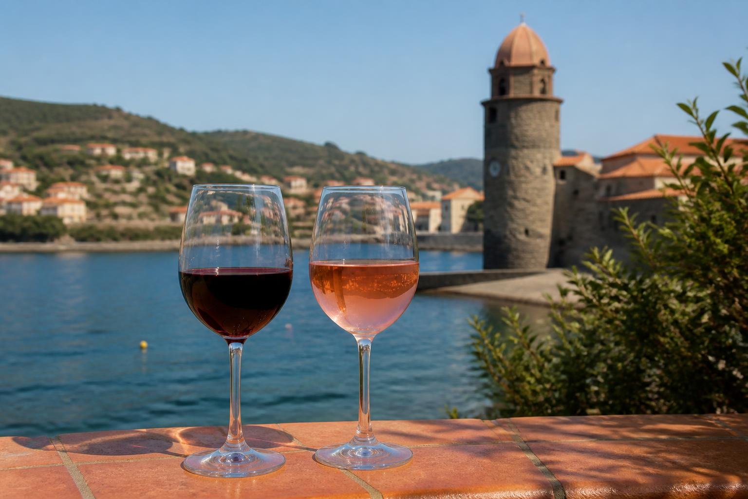 Deux verres de vin rouge et rosé posés sur une terrasse avec la mer et le clocher de Collioure en arrière-plan