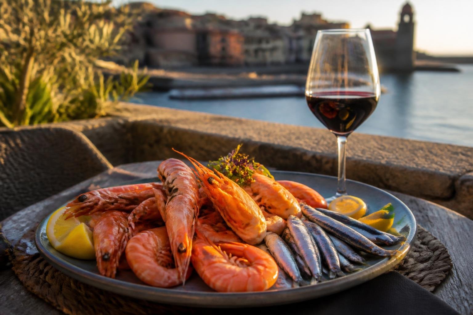 Gambas et anchois frais présentés avec un verre de vin rouge sur une table de terrasse méditerranéenne
