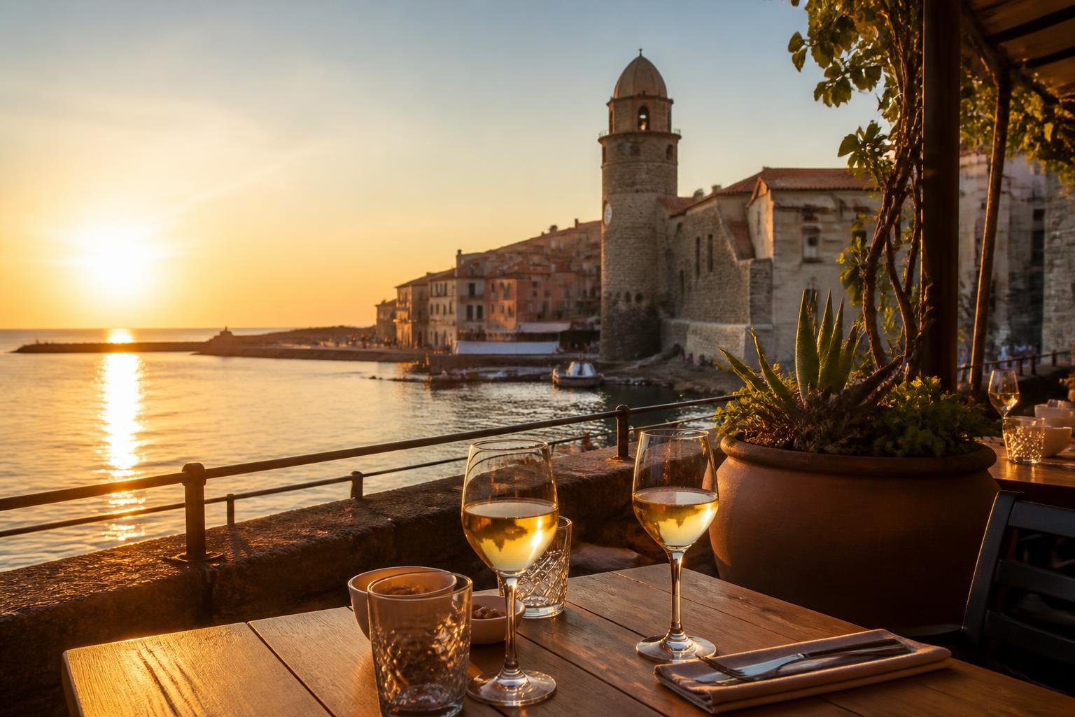 Vue d'une terrasse méditerranéenne au coucher de soleil, avec vue sur le clocher de Collioure et la mer calme