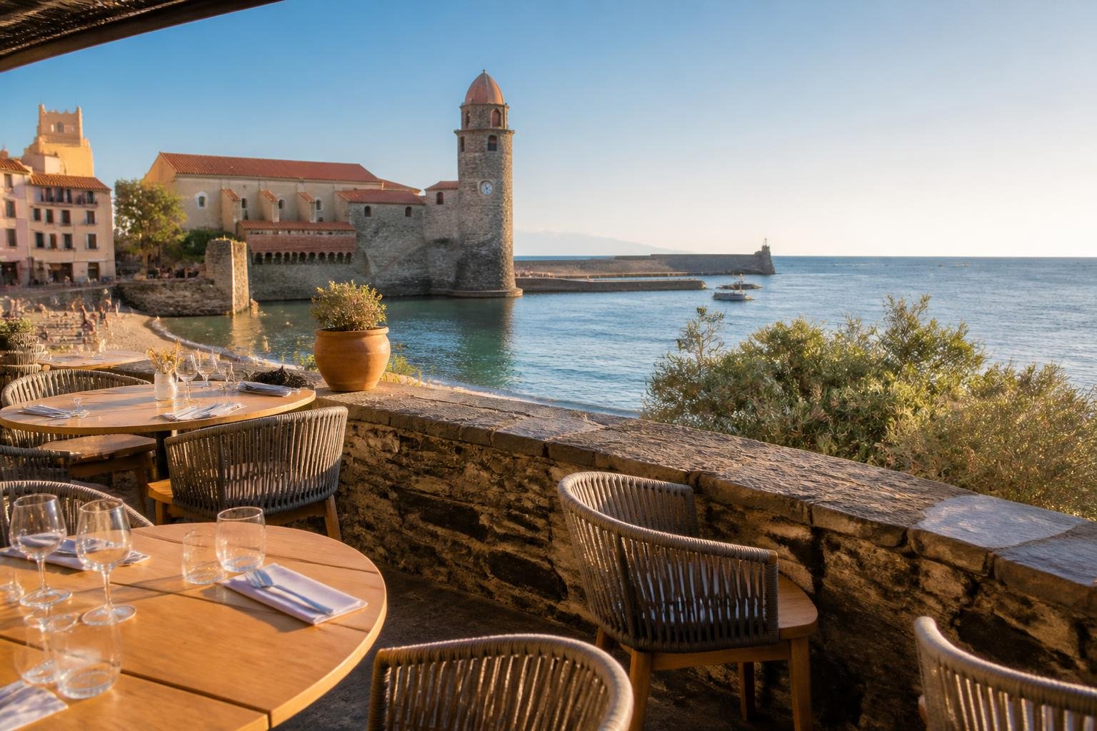 Terrasse ensoleillée du Grand Bleu dominant la baie de Collioure avec le clocher en arrière-plan