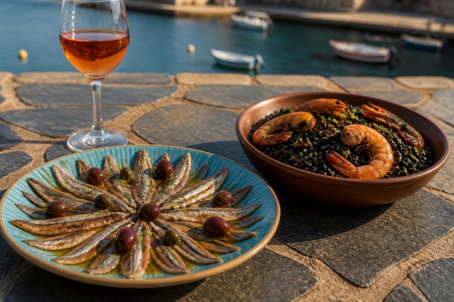 Spécialités culinaires catalanes : anchois de Collioure et riz noir aux gambas servis avec un verre de vin